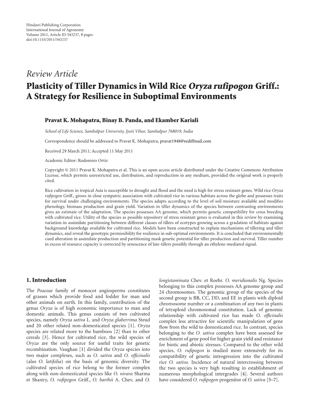 Plasticity of Tiller Dynamics in Wild Rice Oryza Rufipogon Griff.: a Strategy for Resilience in Suboptimal Environments