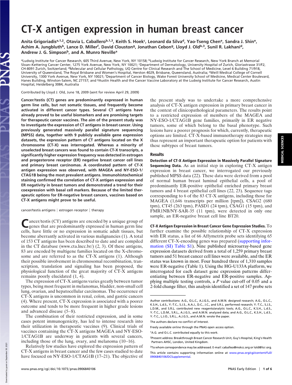 CT-X Antigen Expression in Human Breast Cancer