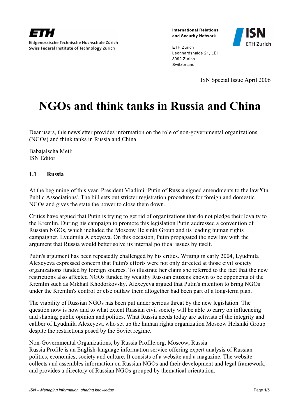 Ngos and Think Tanks in Russia and China