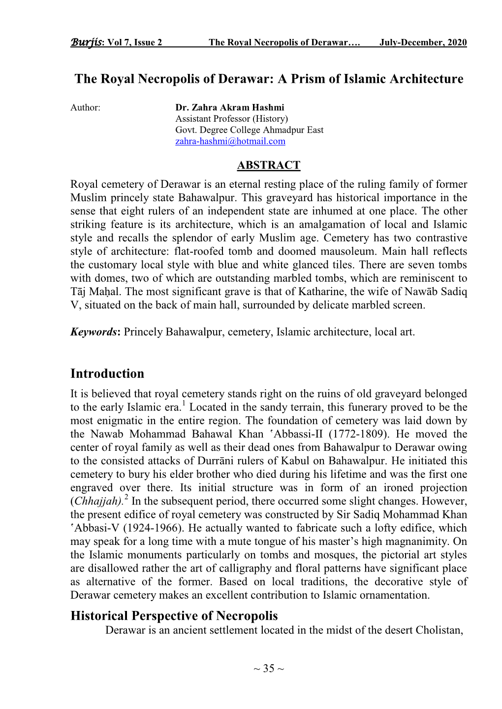 The Royal Necropolis of Derawar: a Prism of Islamic Architecture Introduction Historical Perspective of Necropolis