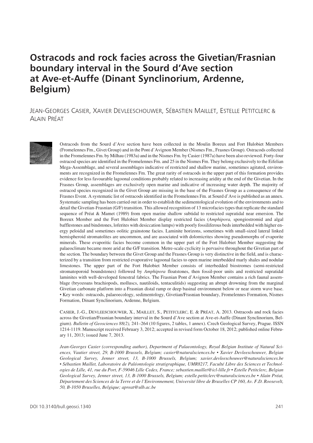 Ostracods and Rock Facies Across the Givetian/Frasnian Boundary Interval in the Sourd D’Ave Section at Ave-Et-Auffe (Dinant Synclinorium, Ardenne, Belgium)