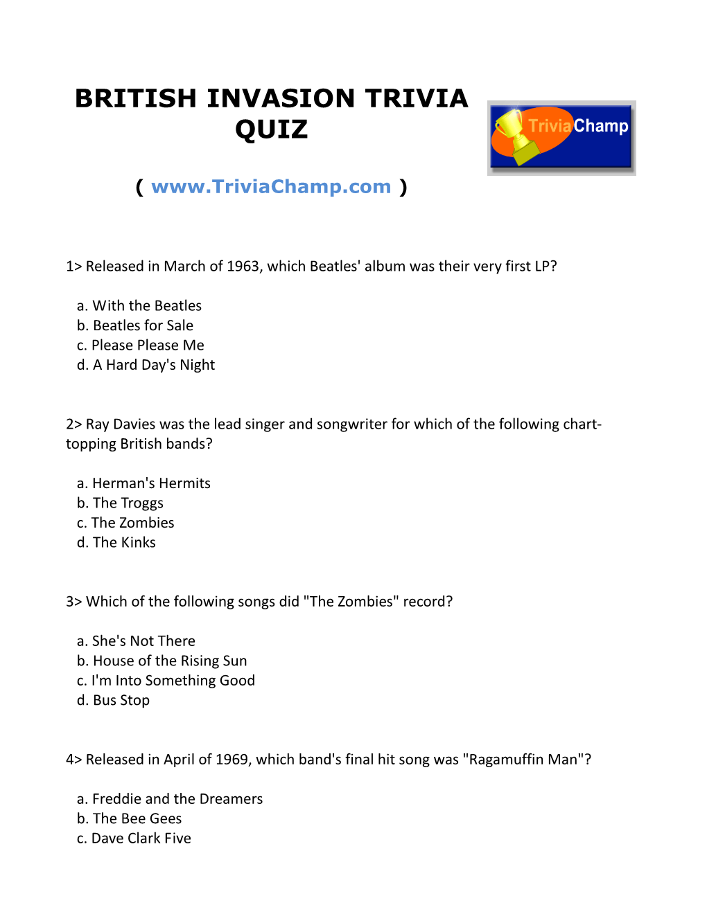 British Invasion Trivia Quiz