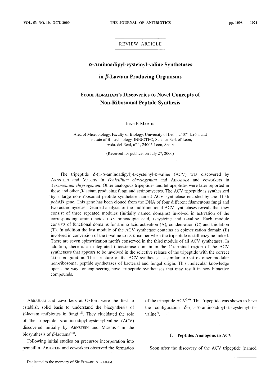 A-Aminoadipyl-Cysteinyl-Valine Synthetases in J8-Lactam Producing Organisms