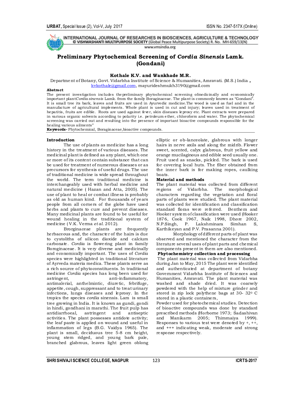 Preliminary Phytochemical Screening of Cordia Sinensis Lamk. (Gondani)