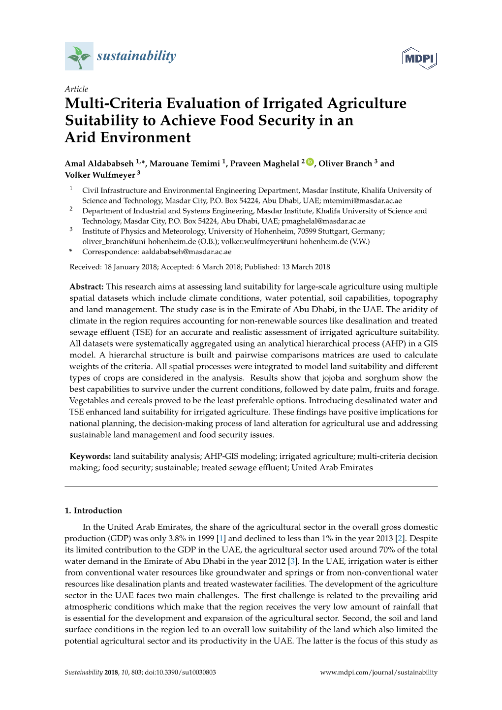 Multi-Criteria Evaluation of Irrigated Agriculture Suitability to Achieve Food Security in an Arid Environment