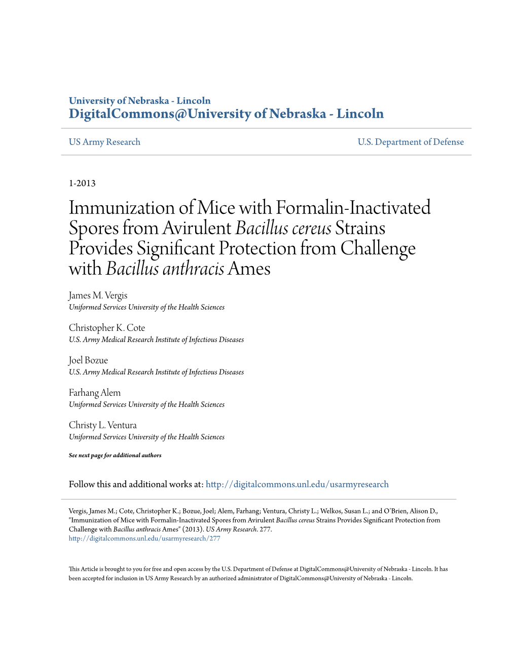 Immunization of Mice with Formalin-Inactivated Spores From