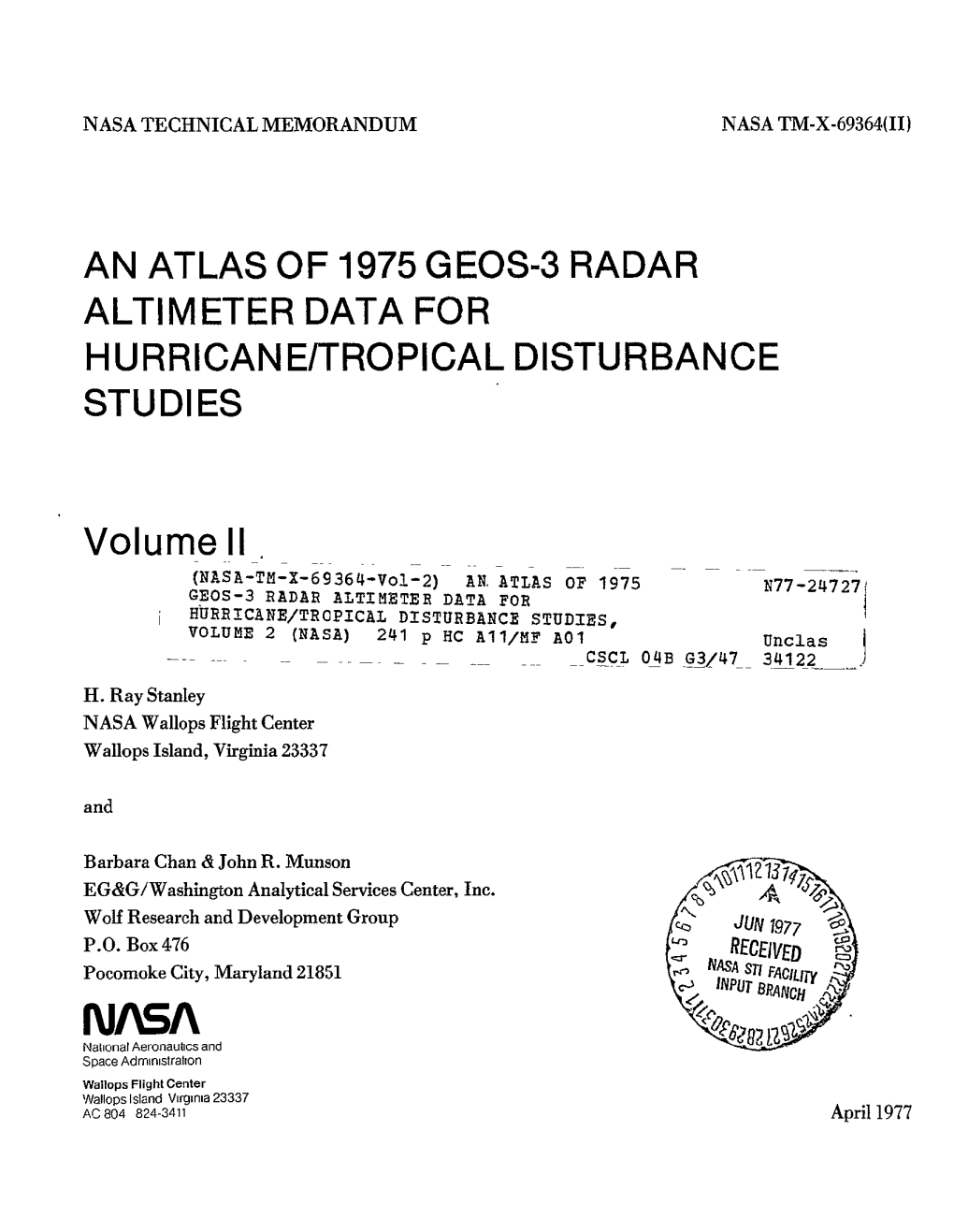 An Atlas of 1975 Geos-3 Radar Altimeter Data for Hurricane/Tropical Disturbance Studies