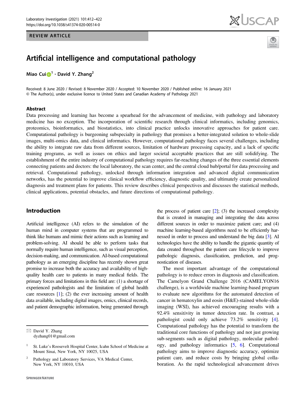 Artificial Intelligence and Computational Pathology