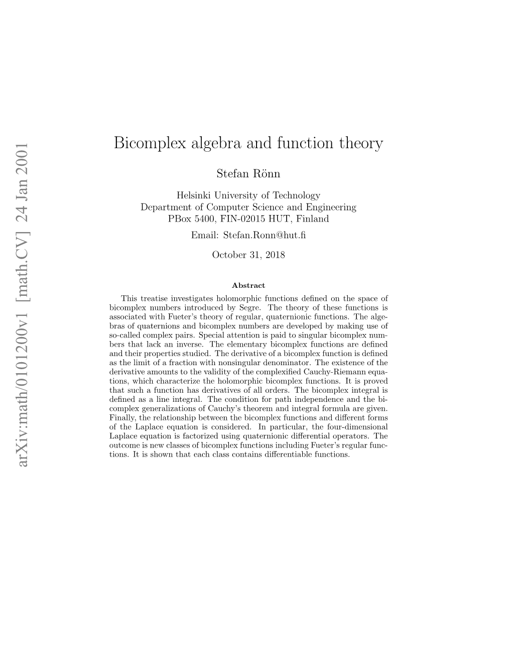 Bicomplex Algebra and Function Theory