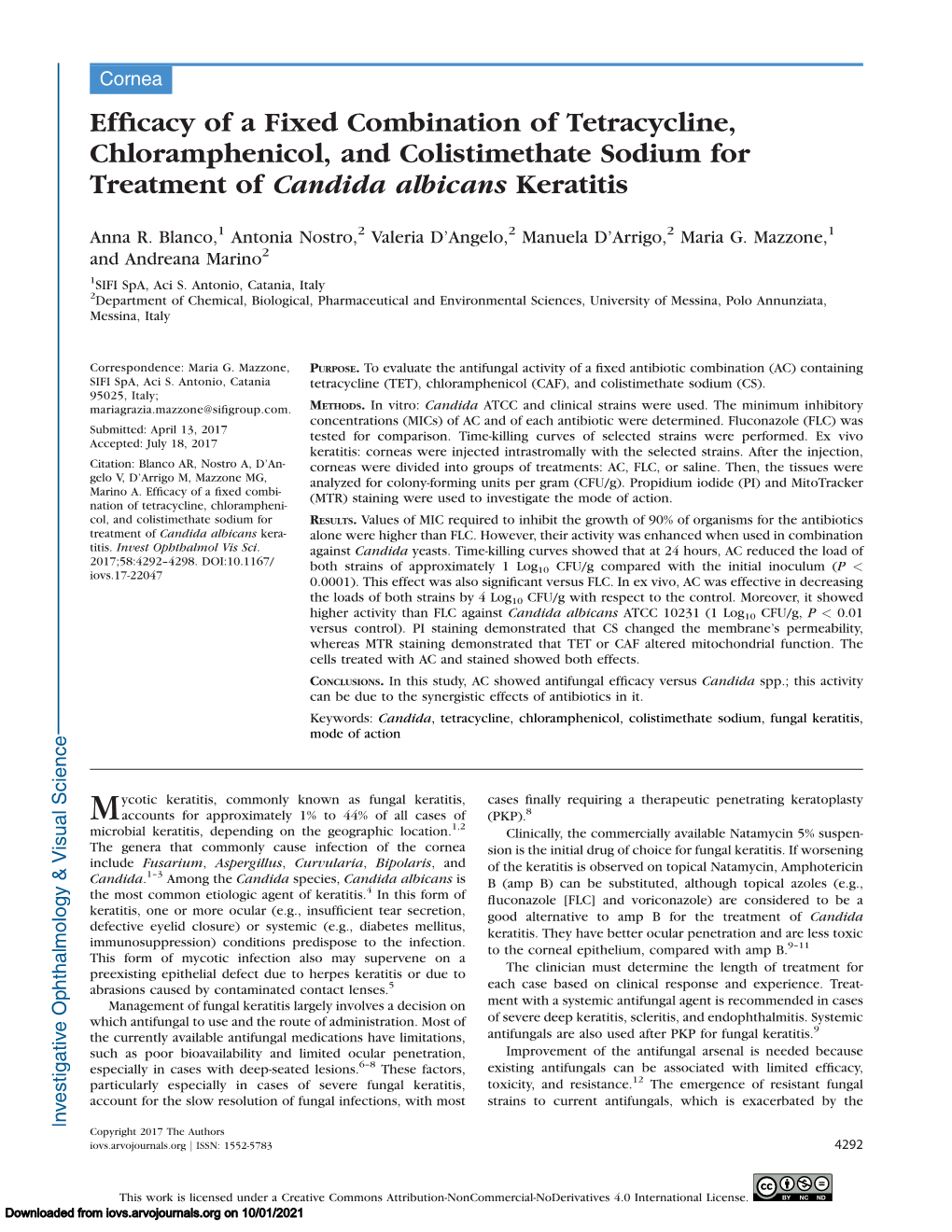 Efficacy of a Fixed Combination of Tetracycline, Chloramphenicol, and Colistimethate Sodium for Treatment of Candida Albicans Ke