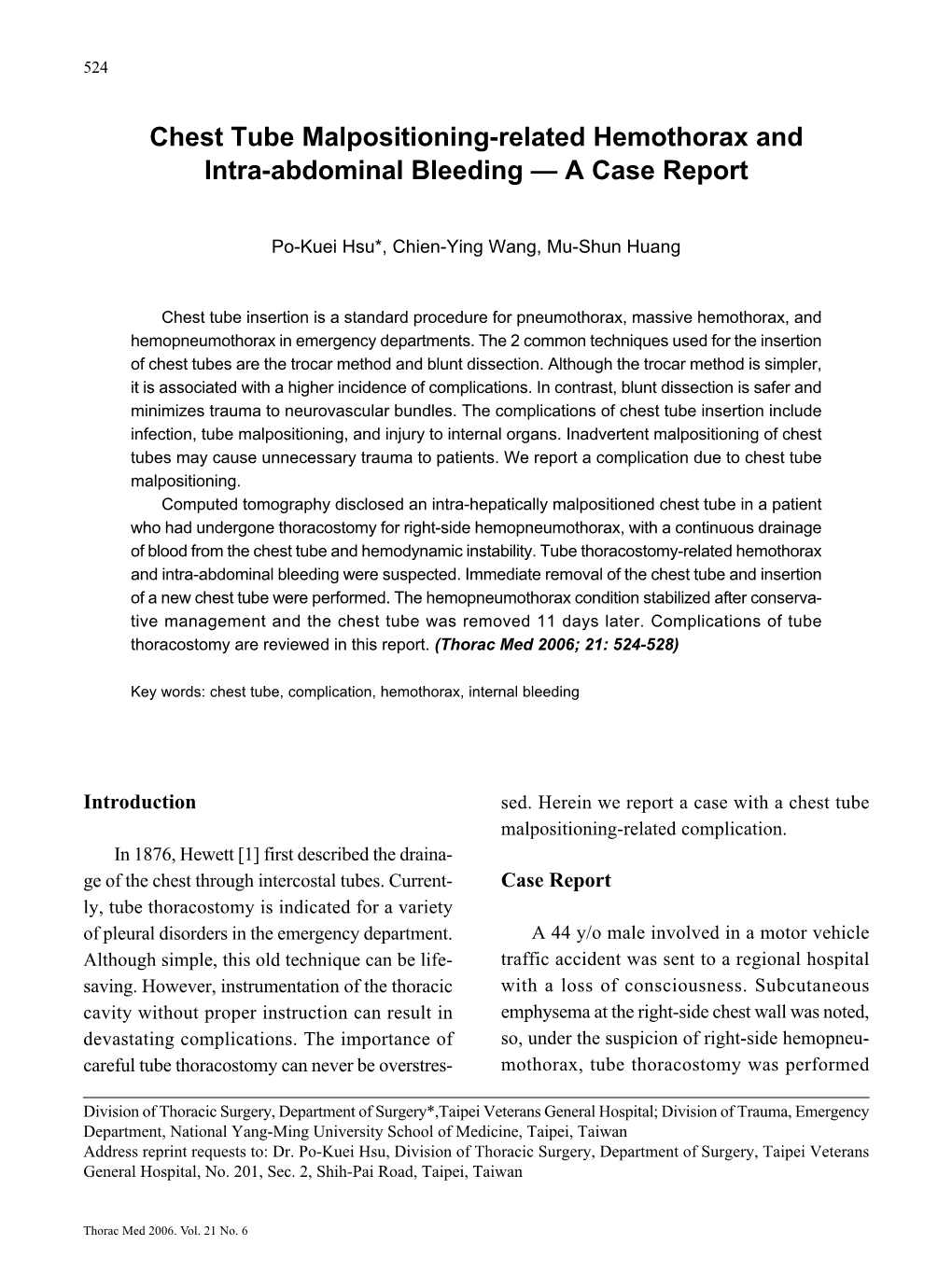 Chest Tube Malpositioning-Related Hemothorax and Intra-Abdominal Bleeding — a Case Report