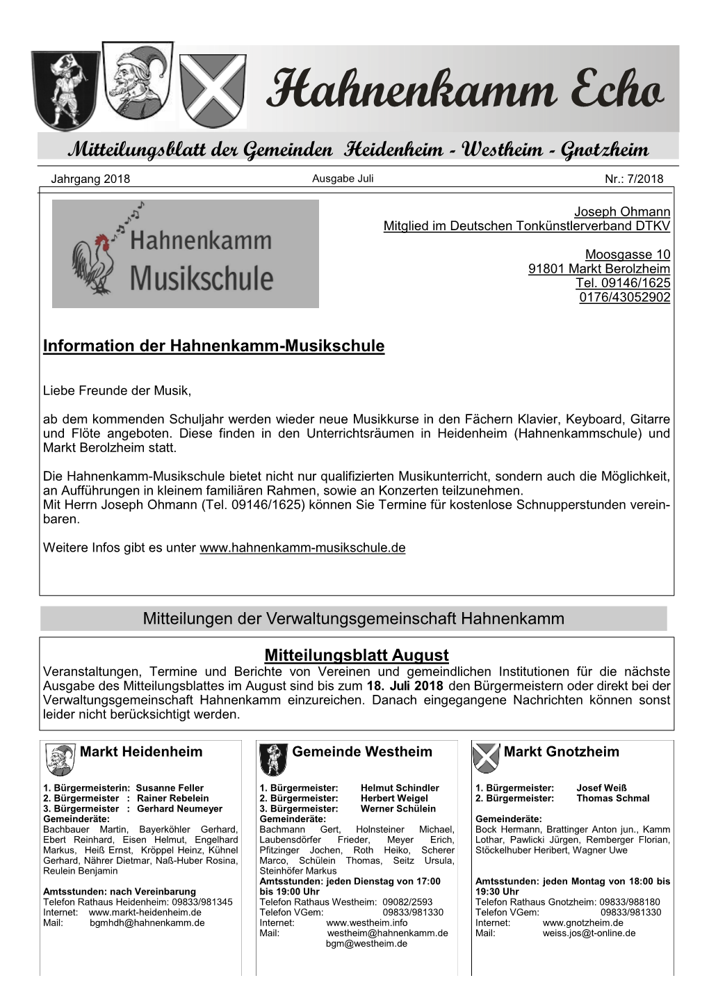 Mitteilungsblatt Der Gemeinden Heidenheim - Westheim - Gnotzheim