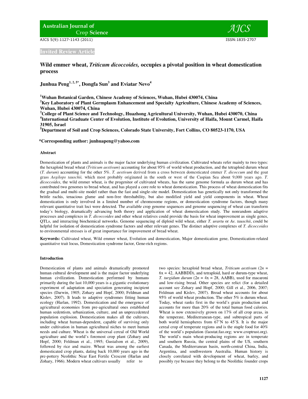 Invited Review Article Wild Emmer Wheat, Triticum Dicoccoides