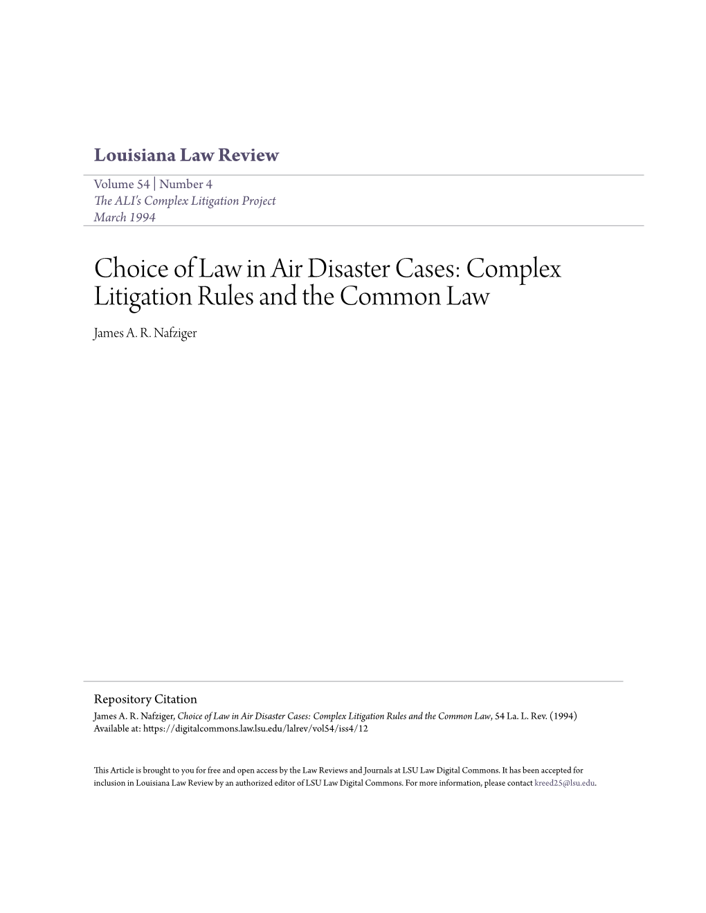 Choice of Law in Air Disaster Cases: Complex Litigation Rules and the Common Law James A