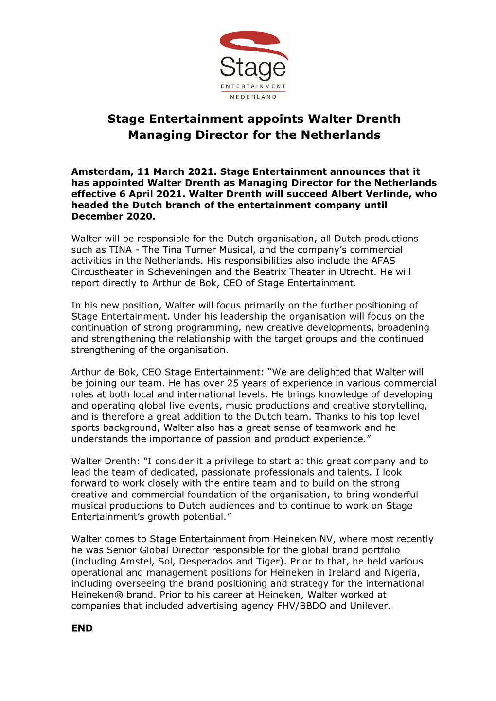 Stage Entertainment Appoints Walter Drenth Managing Director for the Netherlands