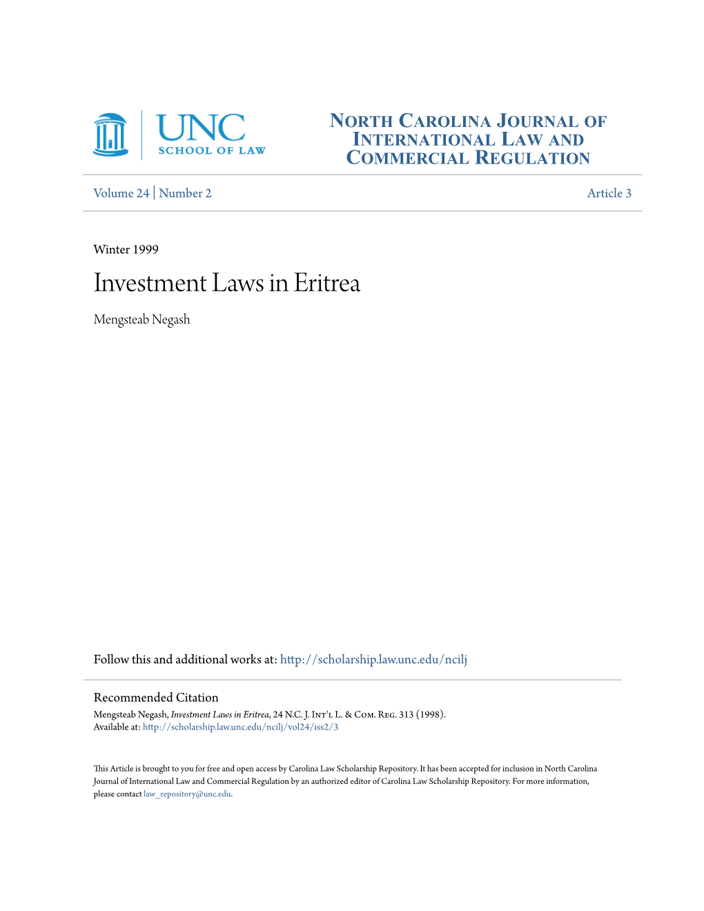 Investment Laws in Eritrea Mengsteab Negash