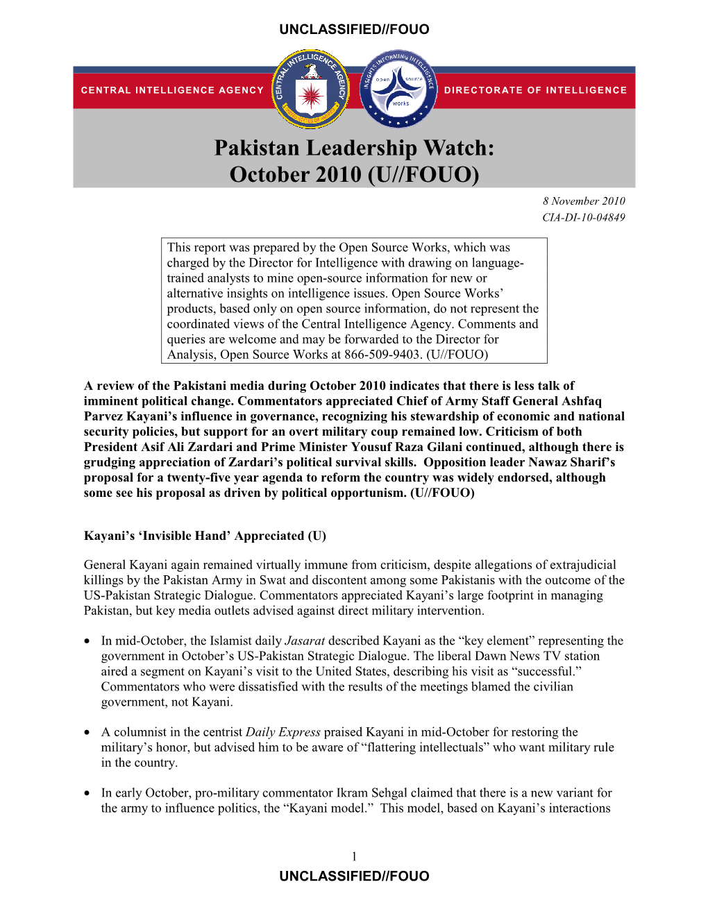 Pakistan Leadership Watch: October 2010 (U//FOUO) 8 November 2010 CIA-DI-10-04849