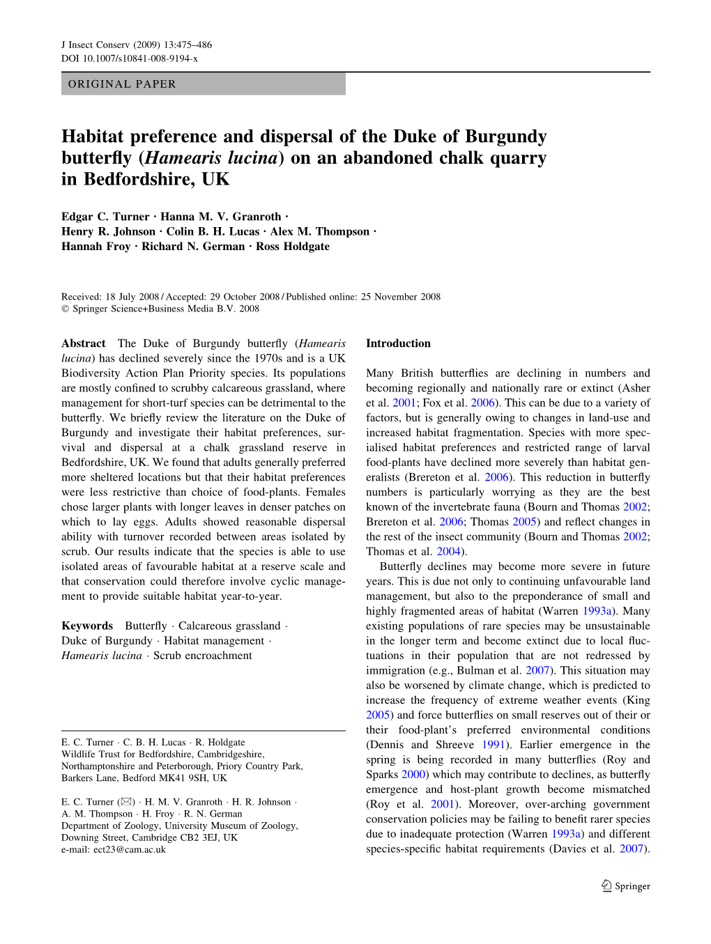 Habitat Preference and Dispersal of the Duke of Burgundy Butterﬂy (Hamearis Lucina) on an Abandoned Chalk Quarry in Bedfordshire, UK