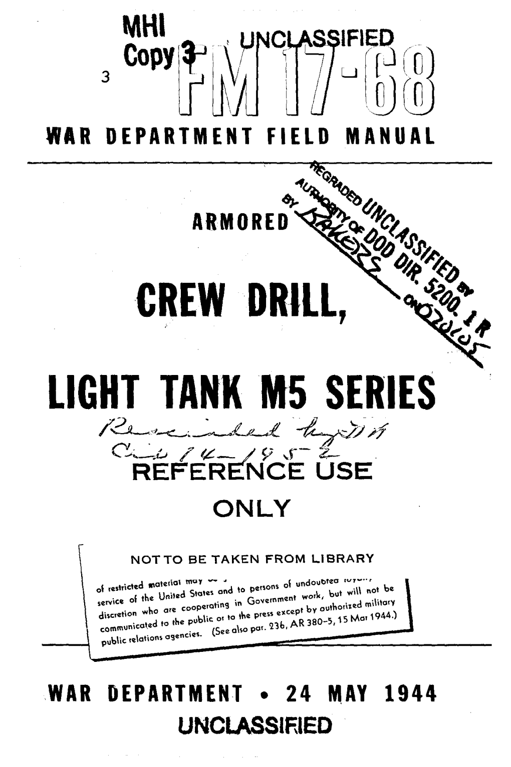 CREW DRILL, LIGHT TANK M5 SERIES CHANGES 1 WAR DEPARTMENT, No