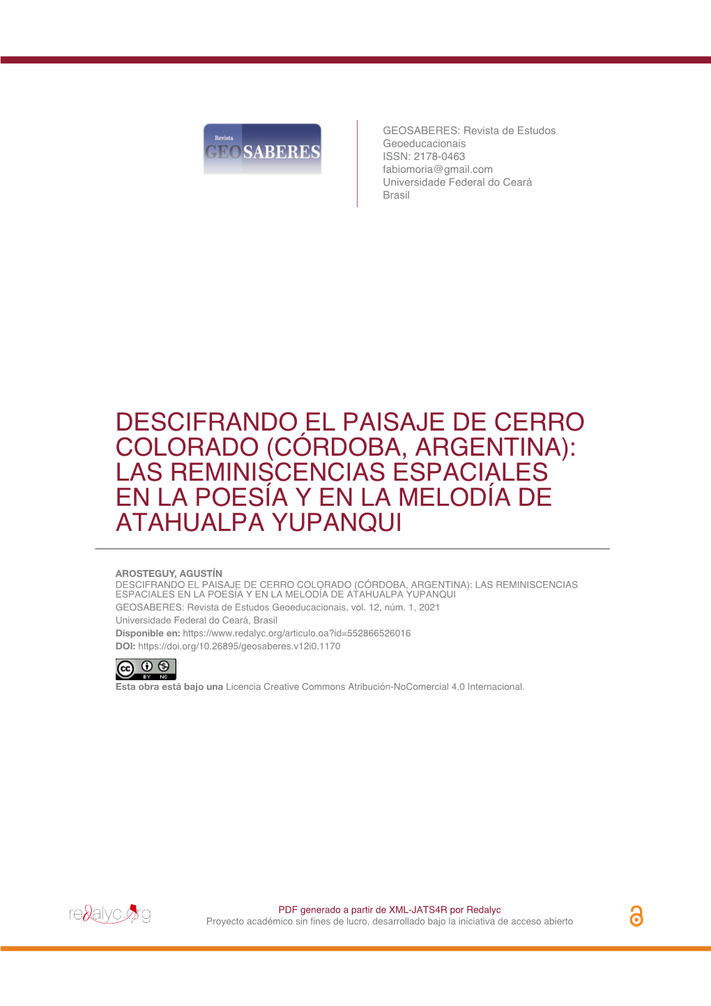 Descifrando El Paisaje De Cerro Colorado (Córdoba, Argentina): Las Reminiscencias Espaciales En La Poesía Y En La Melodía De Atahualpa Yupanqui