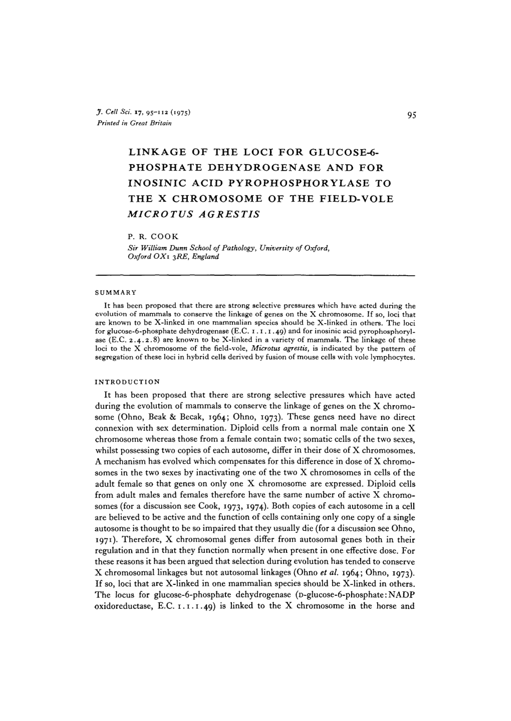 Phosphate Dehydrogenase and for Inosinic Acid Pyrophosphorylase to the X Chromosome of the Field-Vole Microtus Agrestis