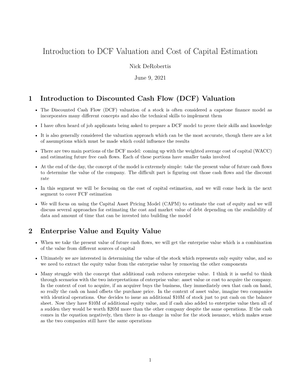 Introduction to DCF Valuation and Cost of Capital Estimation