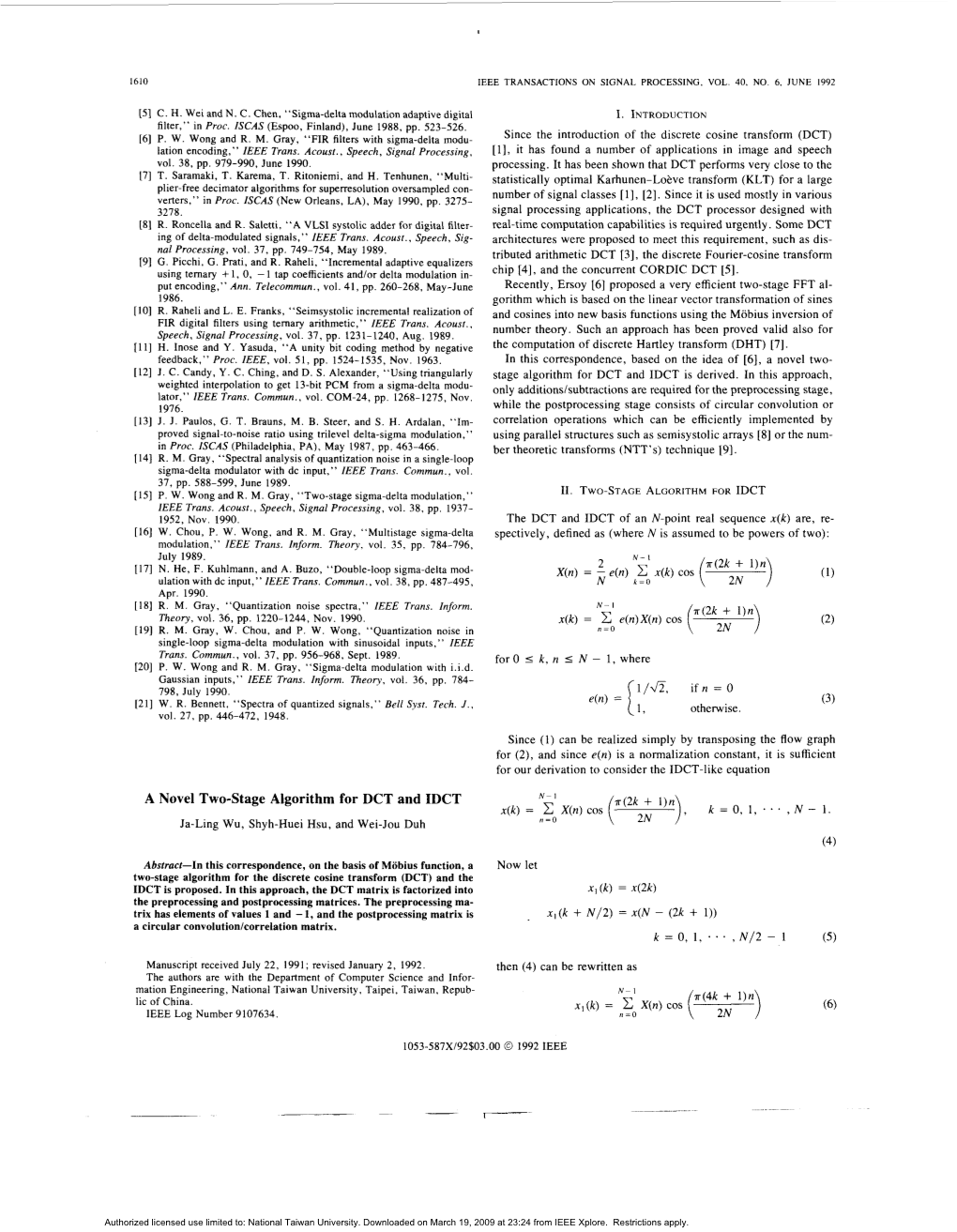 A Novel Two-Stage Algorithm for DCT and IDCT N- I X(K) = X(N) Cos .,N-L