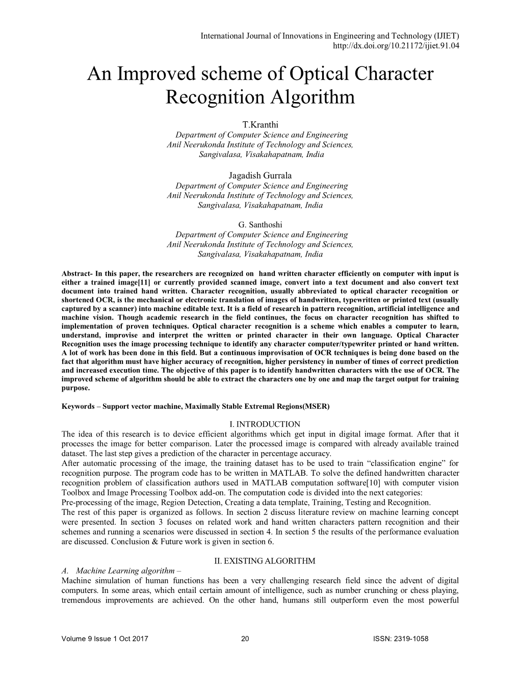 An Improved Scheme of Optical Character Recognition Algorithm