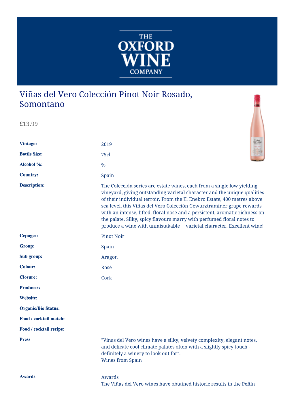 Viñas Del Vero Colección Pinot Noir Rosado, Somontano