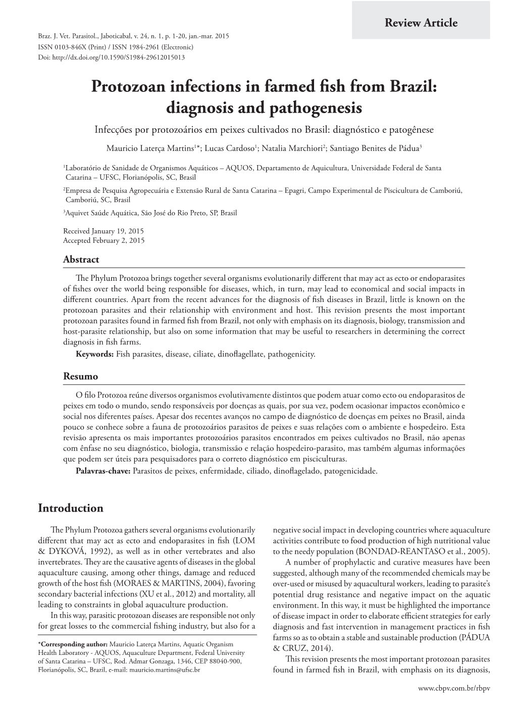 Protozoan Infections in Farmed Fish from Brazil