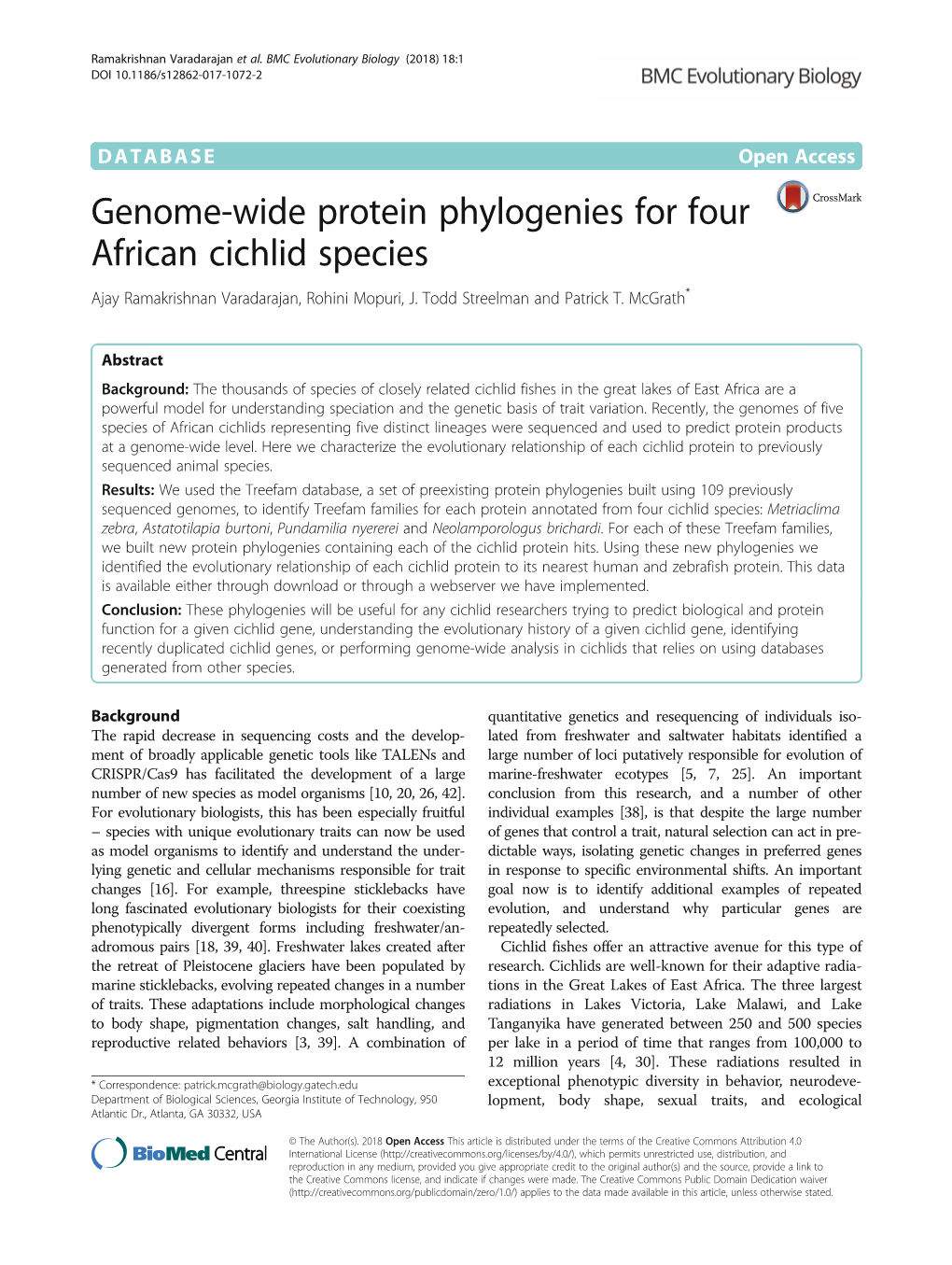 Genome-Wide Protein Phylogenies for Four African Cichlid Species Ajay Ramakrishnan Varadarajan, Rohini Mopuri, J