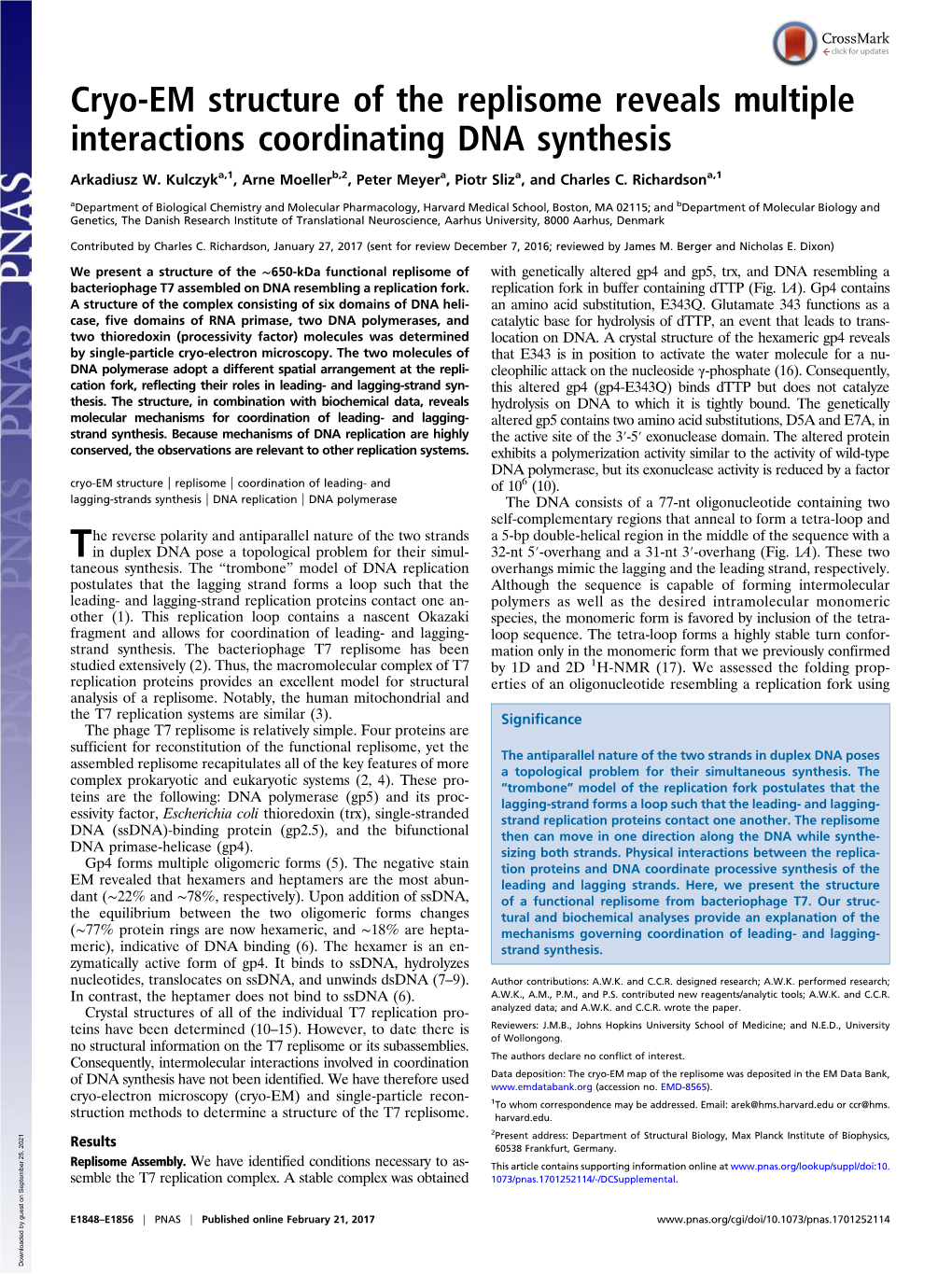 Cryo-EM Structure of the Replisome Reveals Multiple Interactions Coordinating DNA Synthesis