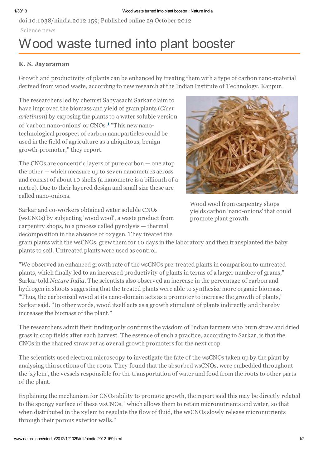 Wood Waste Turned Into Plant Booster : Nature India Doi:10.1038/Nindia.2012.159; Published Online 29 October 2012 Science News Wood Waste Turned Into Plant Booster