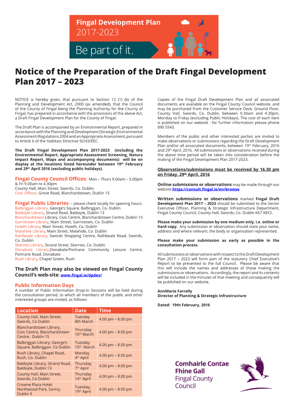 Notice of the Preparation of the Draft Fingal Development Plan 2017 – 2023