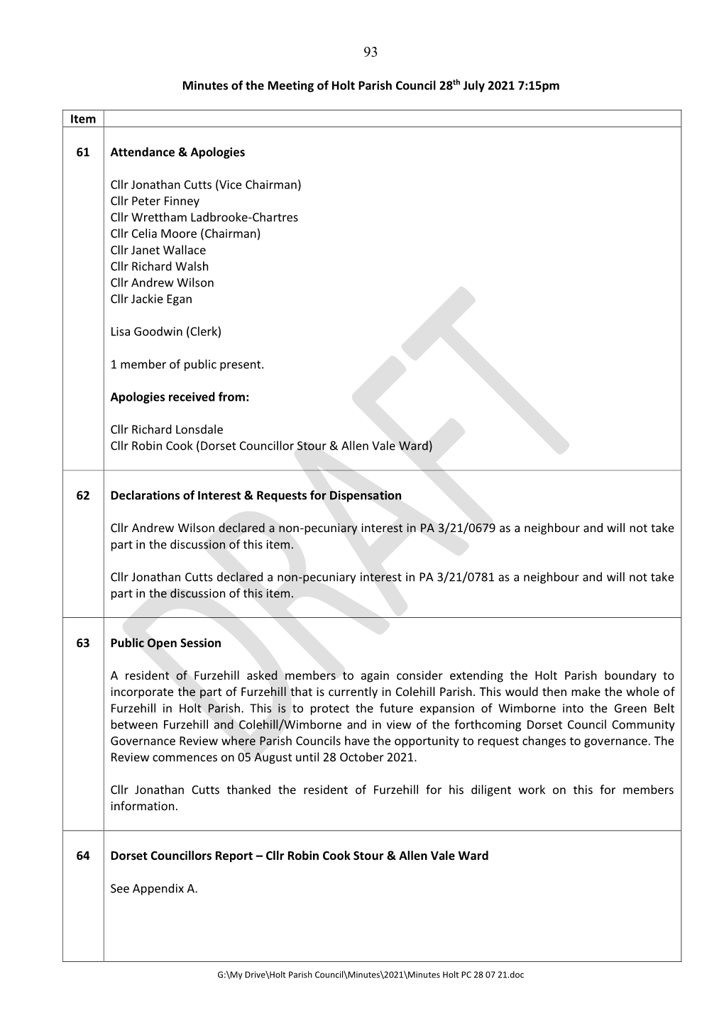 Minutes of the Meeting of Holt Parish Council 28Th July 2021 7:15Pm