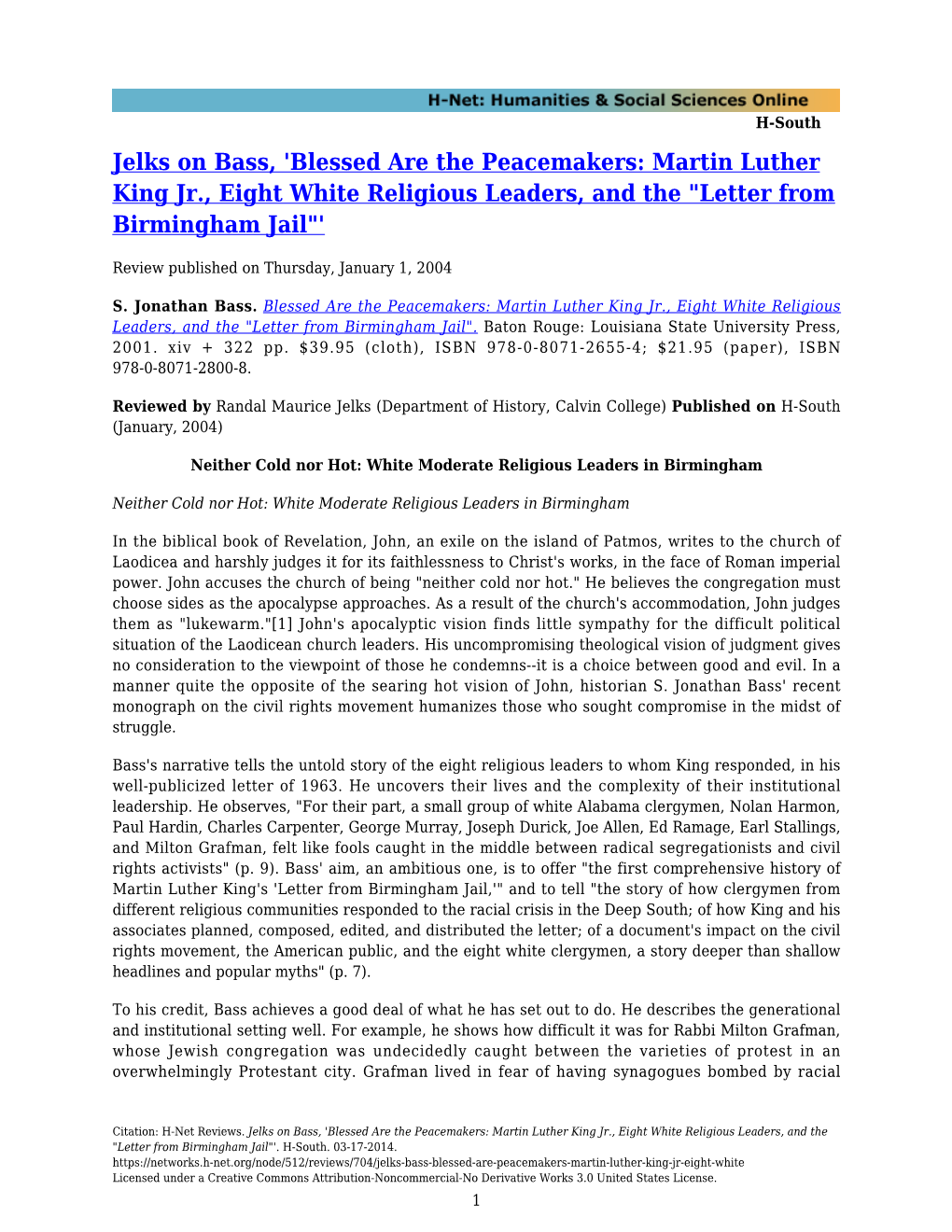 Jelks on Bass, 'Blessed Are the Peacemakers: Martin Luther King Jr., Eight White Religious Leaders, and the "Letter from Birmingham Jail"'