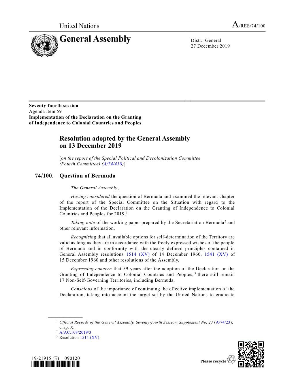 General Assembly Distr.: General 27 December 2019