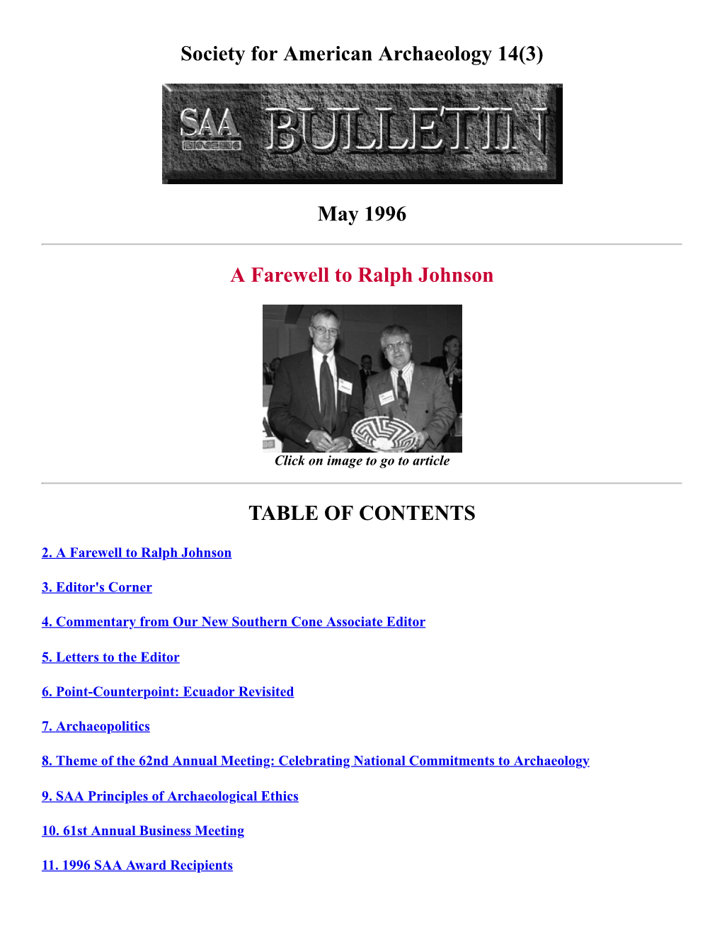 May 1996 a Farewell to Ralph Johnson TABLE of CONTENTS