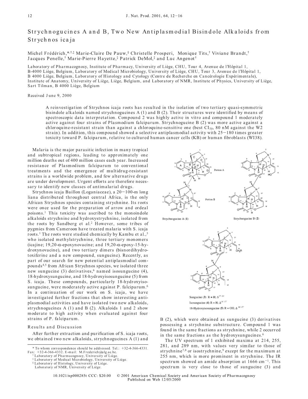 Strychnogucines a and B, Two New Antiplasmodial Bisindole Alkaloids from Strychnos Icaja