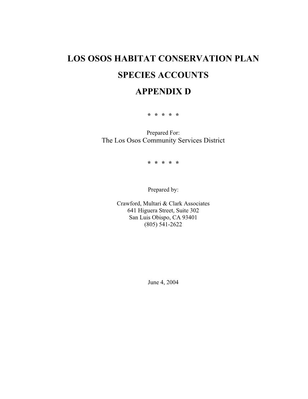 Los Osos Habitat Conservation Plan Species Accounts Appendix D