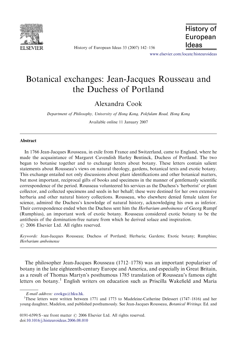 Botanical Exchanges: Jean-Jacques Rousseau and the Duchess of Portland