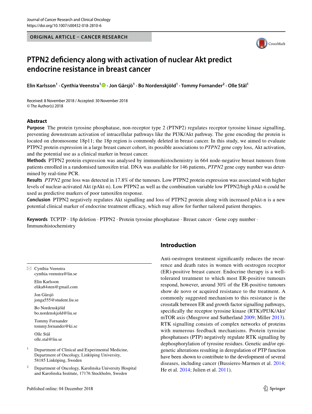 PTPN2 Deficiency Along with Activation of Nuclear Akt Predict Endocrine Resistance in Breast Cancer