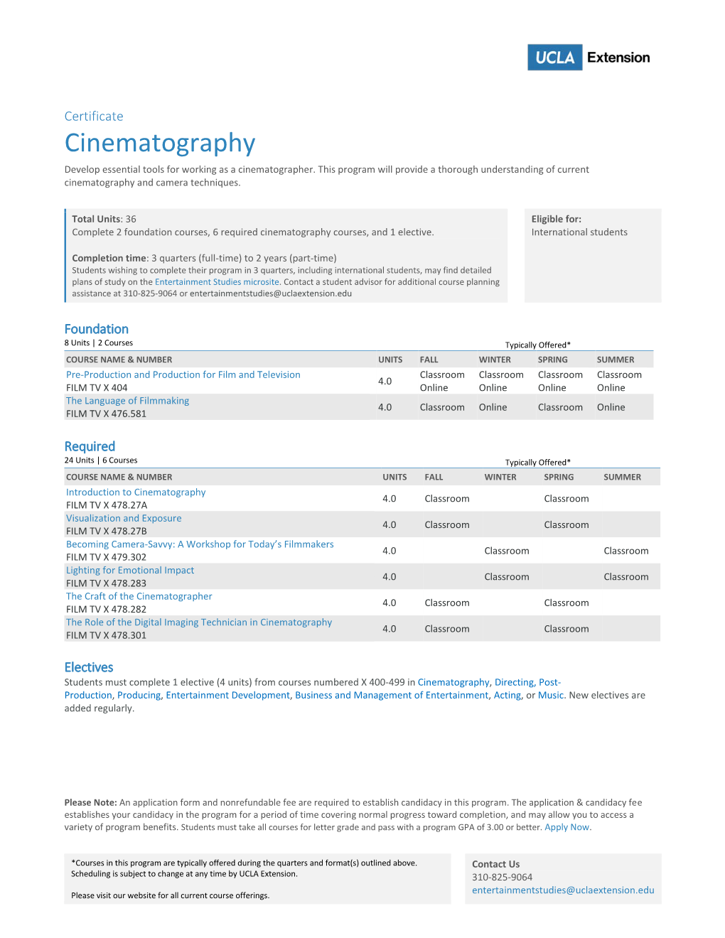 UCLA Extension Cinematography Certificate Planner