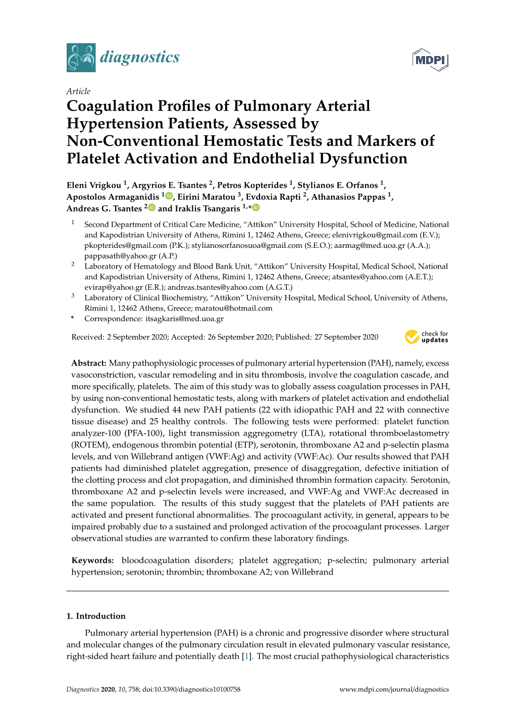 Coagulation Profiles of Pulmonary Arterial Hypertension Patients