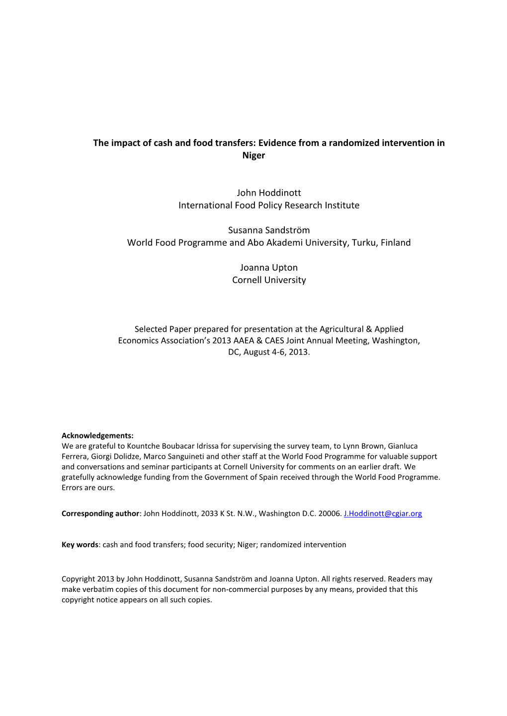 The Impact of Cash and Food Transfers: Evidence from a Randomized Intervention in Niger