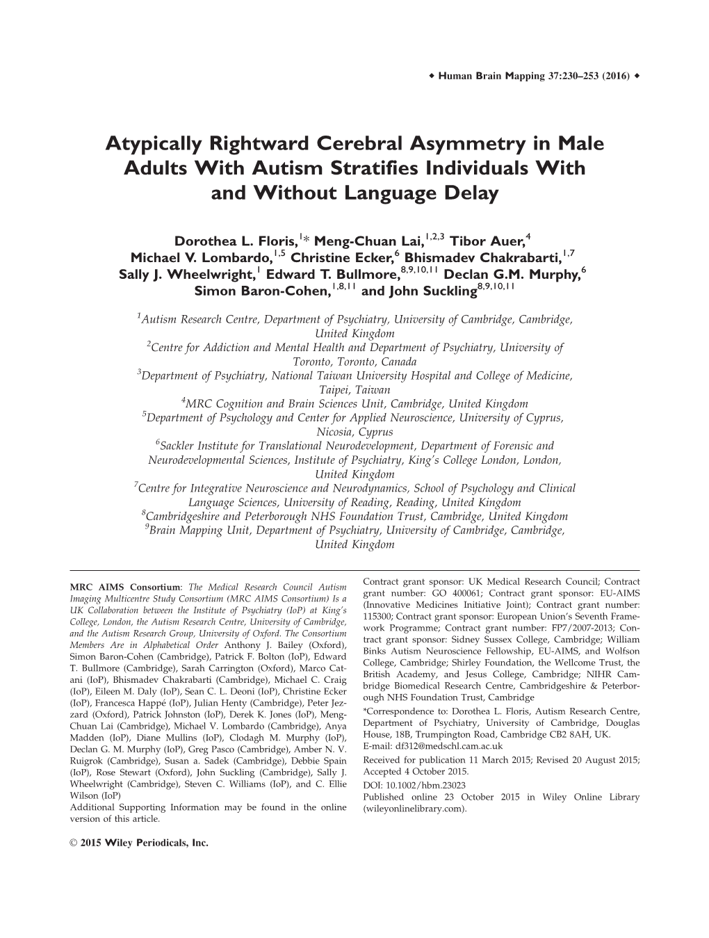 Atypically Rightward Cerebral Asymmetry in Male Adults with Autism Stratifies Individuals with and Without Language Delay