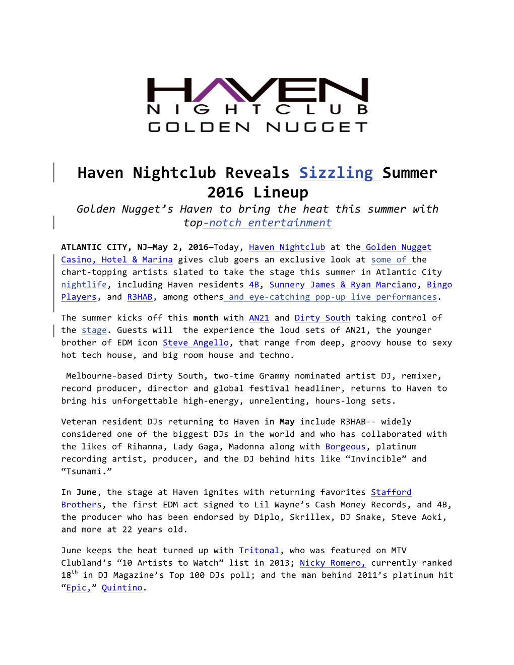 Haven Nightclub Reveals Sizzling Summer 2016 Lineup Golden Nugget’S Haven to Bring the Heat This Summer with Top-Notch Entertainment