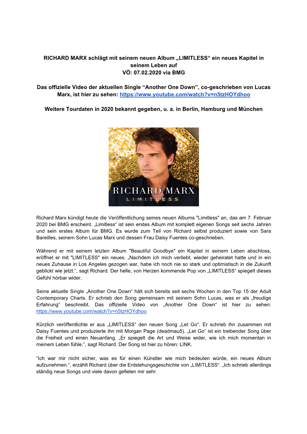 RICHARD MARX Schlägt Mit Seinem Neuen Album „LIMITLESS“ Ein Neues Kapitel in Seinem Leben Auf VÖ: 07.02.2020 Via BMG