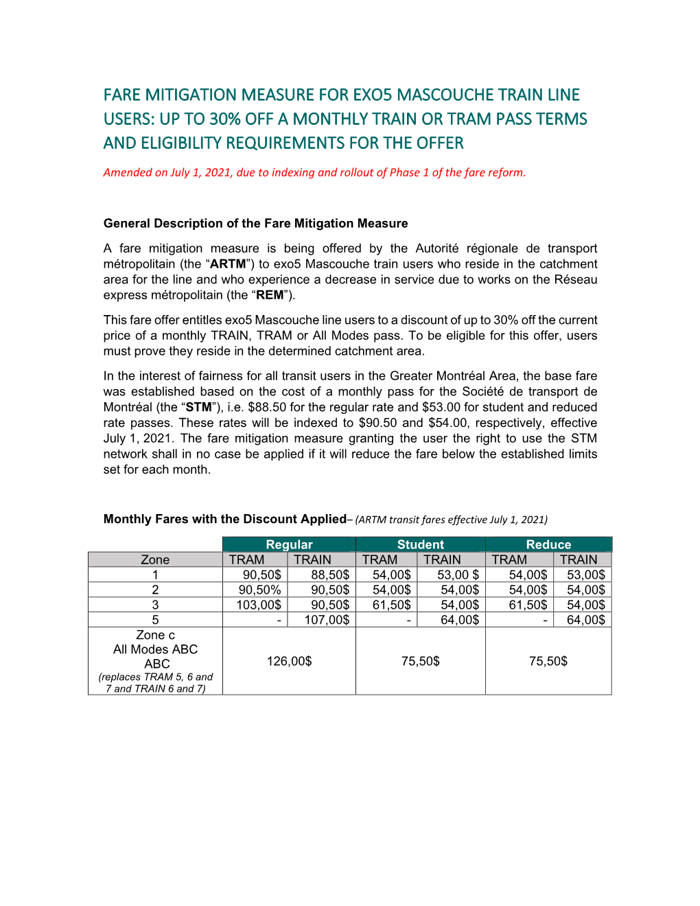 Fare Mitigation Measure for Exo5 Mascouche Train Line Users: up to 30% Off a Monthly Train Or Tram Pass Terms and Eligibility Requirements for the Offer