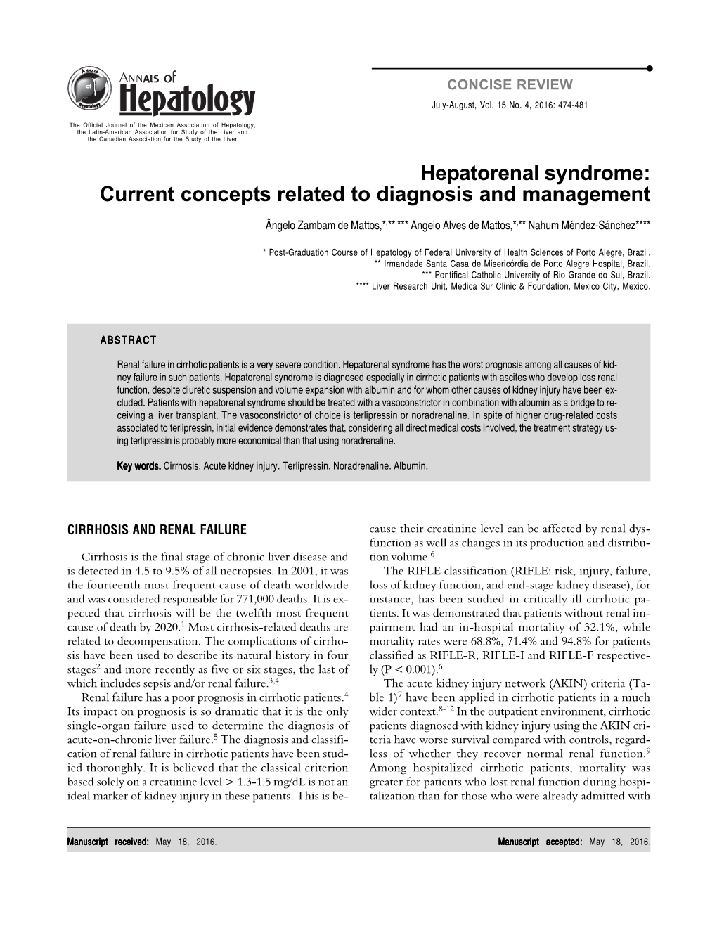 Hepatorenal Syndrome: Current Concepts Related to Diagnosis and Management